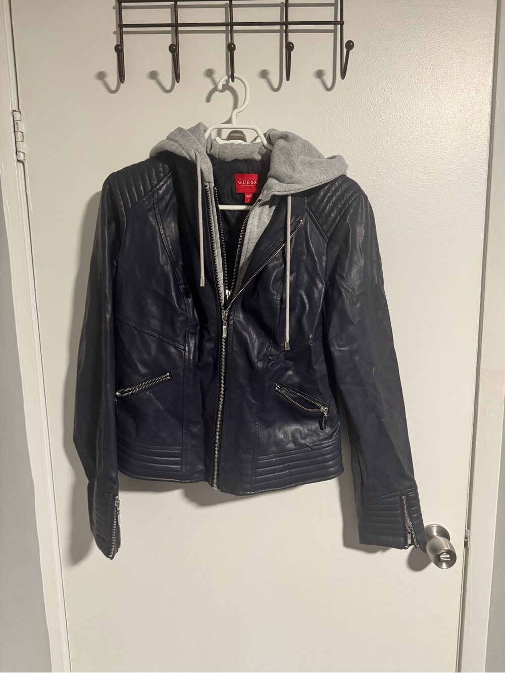 GUESS Navy Faux-Leather Moto Jacket with Gray Attached Hood